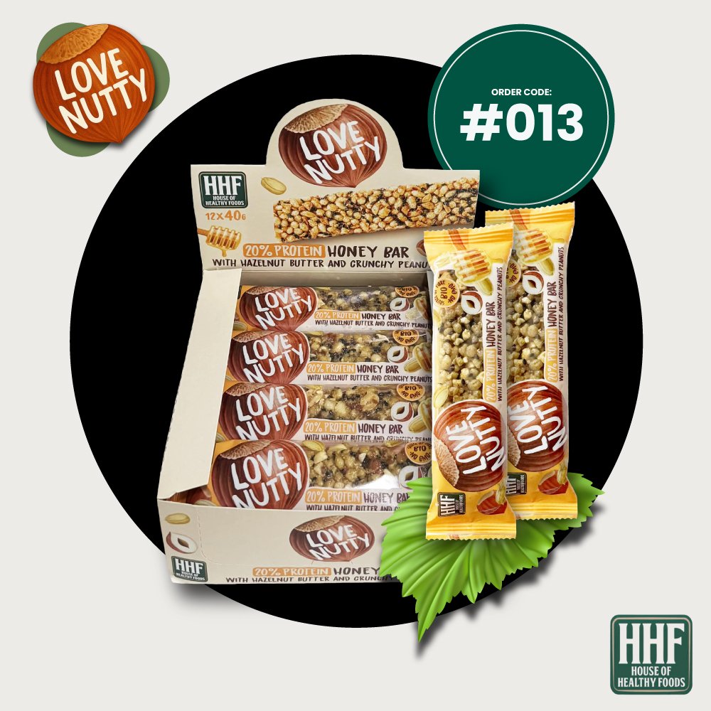 20% protein honey bar with hazelnut butter and crunchy peanuts 20% protein honey bar with hazelnut butter and crunchy peanuts